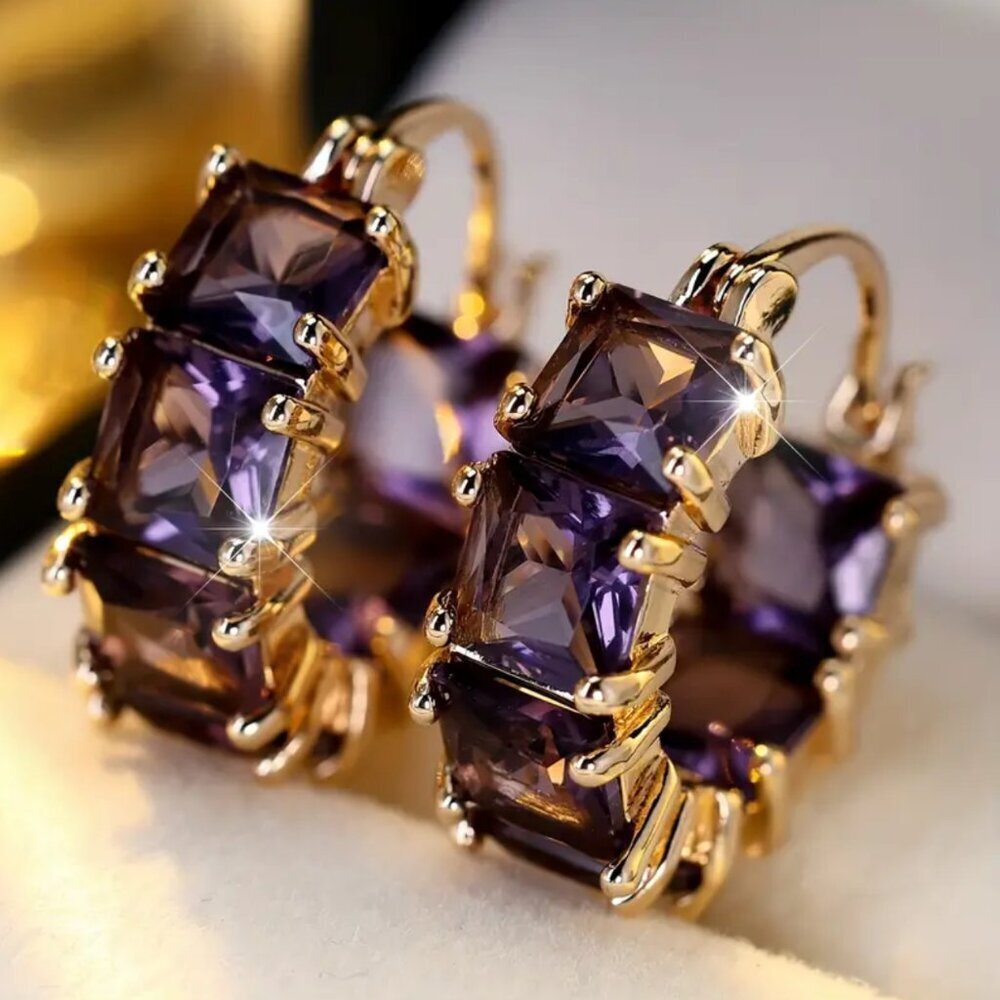 Gold Tone Huggie Earrings w/ Purple Princess Cut Stones and Tons of Bling #1493